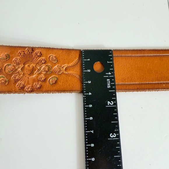 Old Navy Leather Belt Size S Floral Brass Buckle Cognac Brown Embossed VTG Y2K main image 8